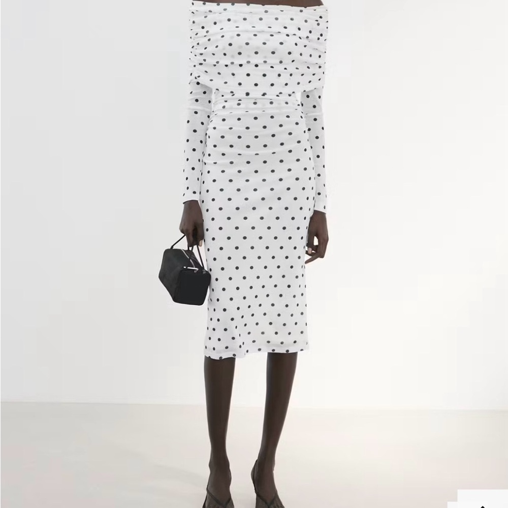 Mango White Off the Shoulder Midi Dress with Black Polka Dots